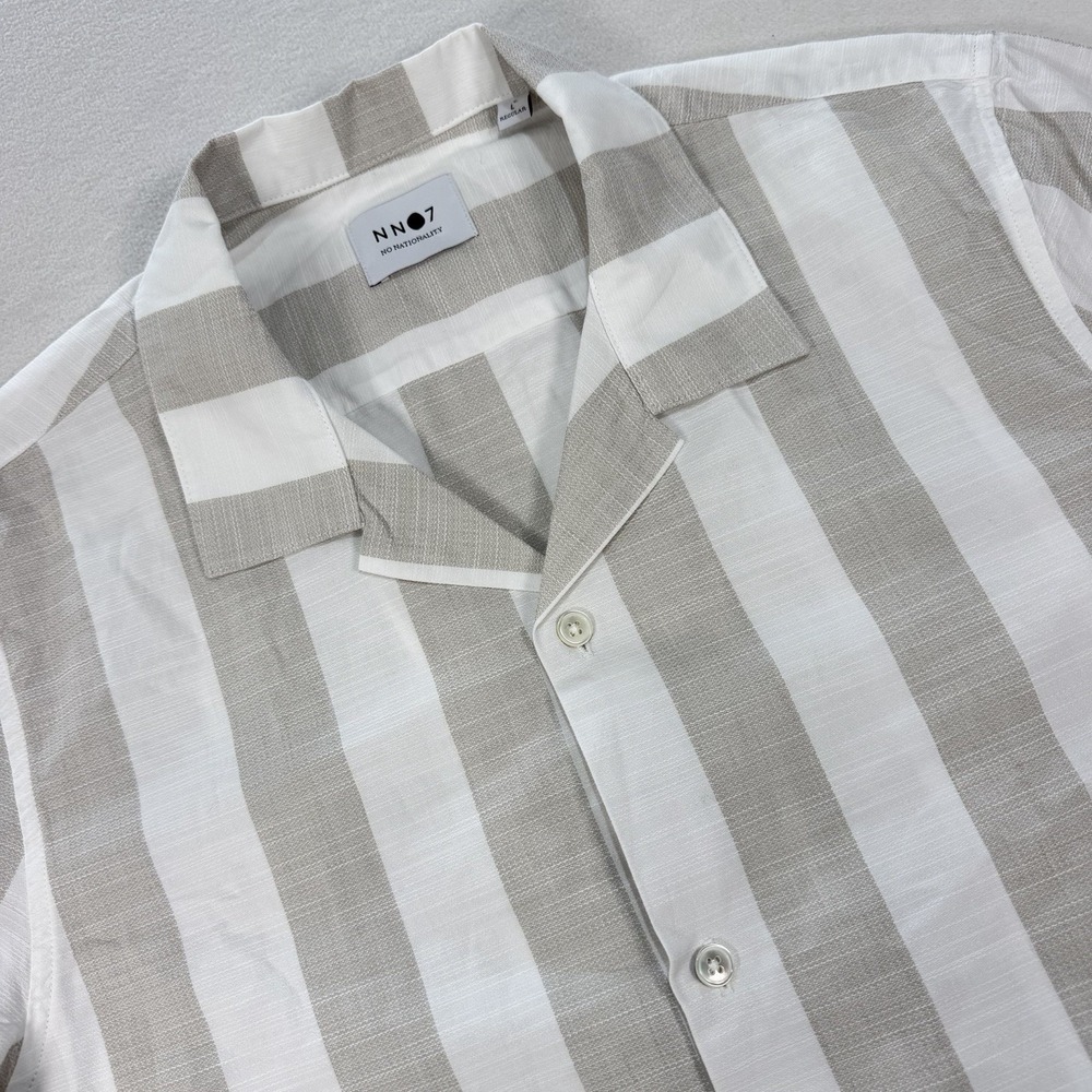 NN07 No Nationality Miyagi Shirt Mens Large Beige Striped Short Sleeve Button Up